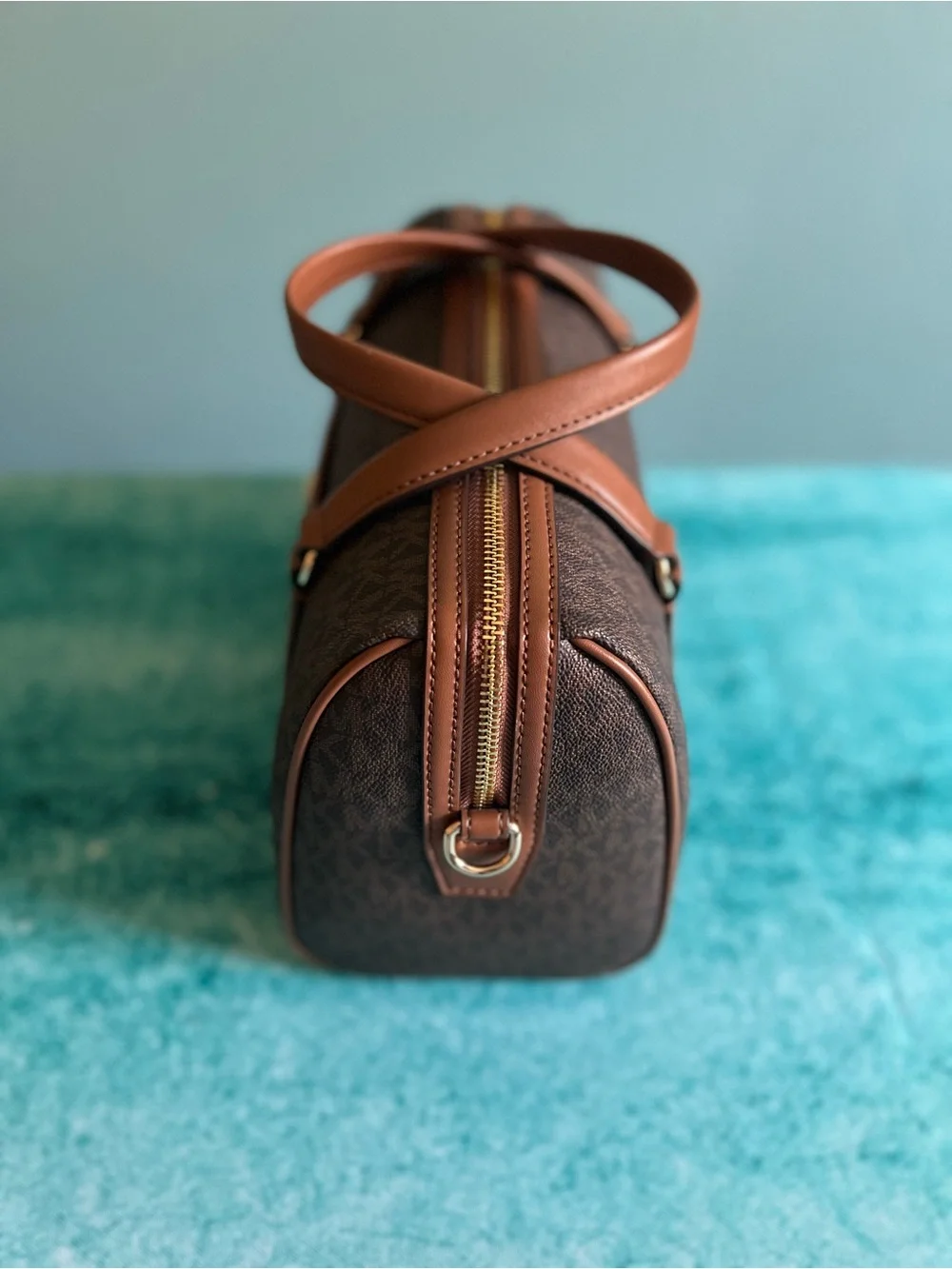 Michael Kors Brown MK Monogram Satchel with Leather Trim